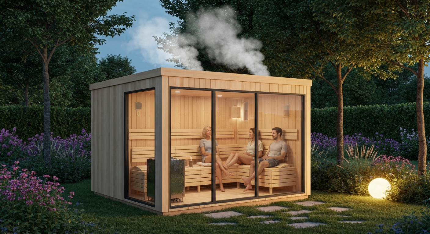 Cosy four-person outdoor sauna scene