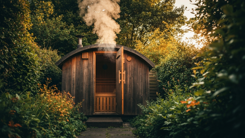 Outdoor dry sauna in garden