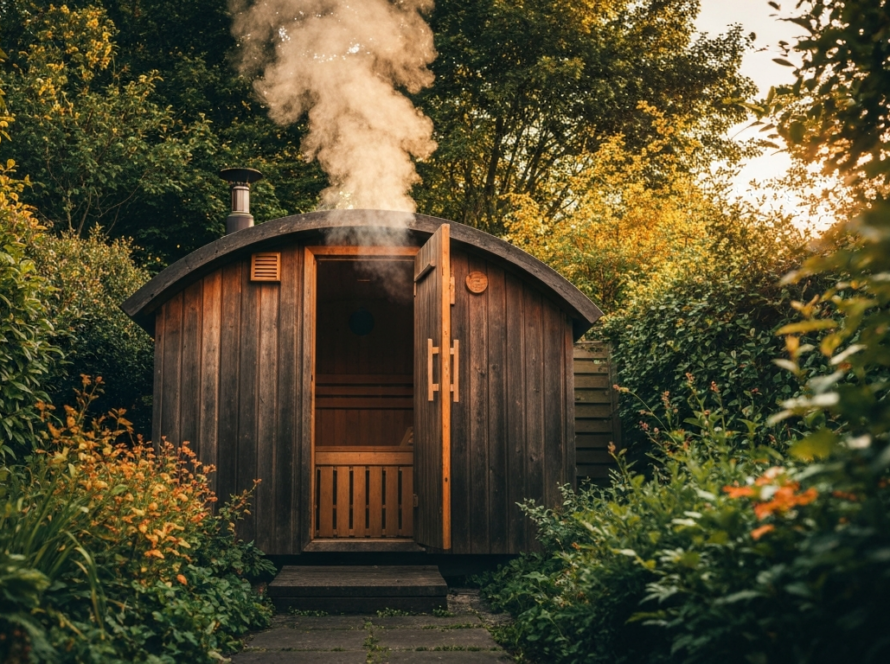 Outdoor dry sauna in garden