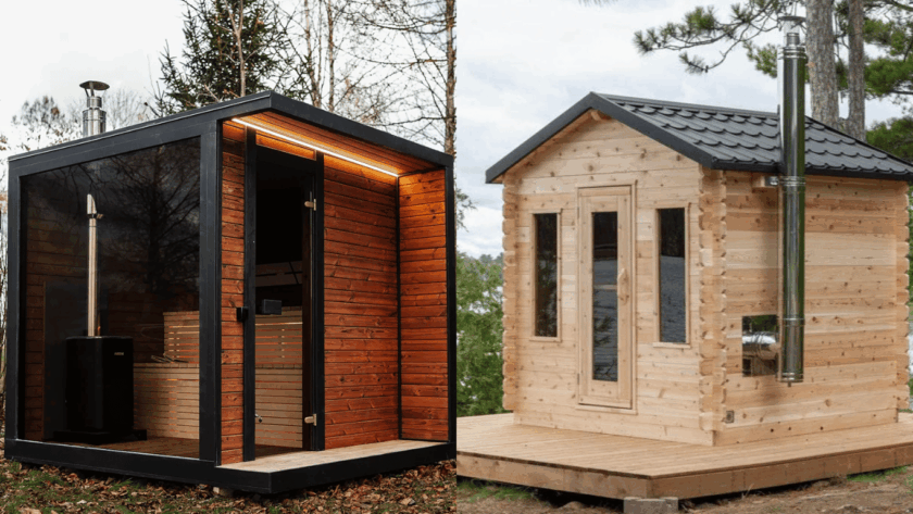 Comparison image of a modern thermowood outdoor sauna versus a traditional wood sauna, showing differences in design, materials, and construction style