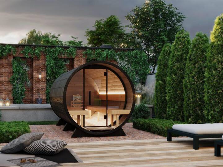 Eco Hearth Large Barrel Sauna with glass door – front view