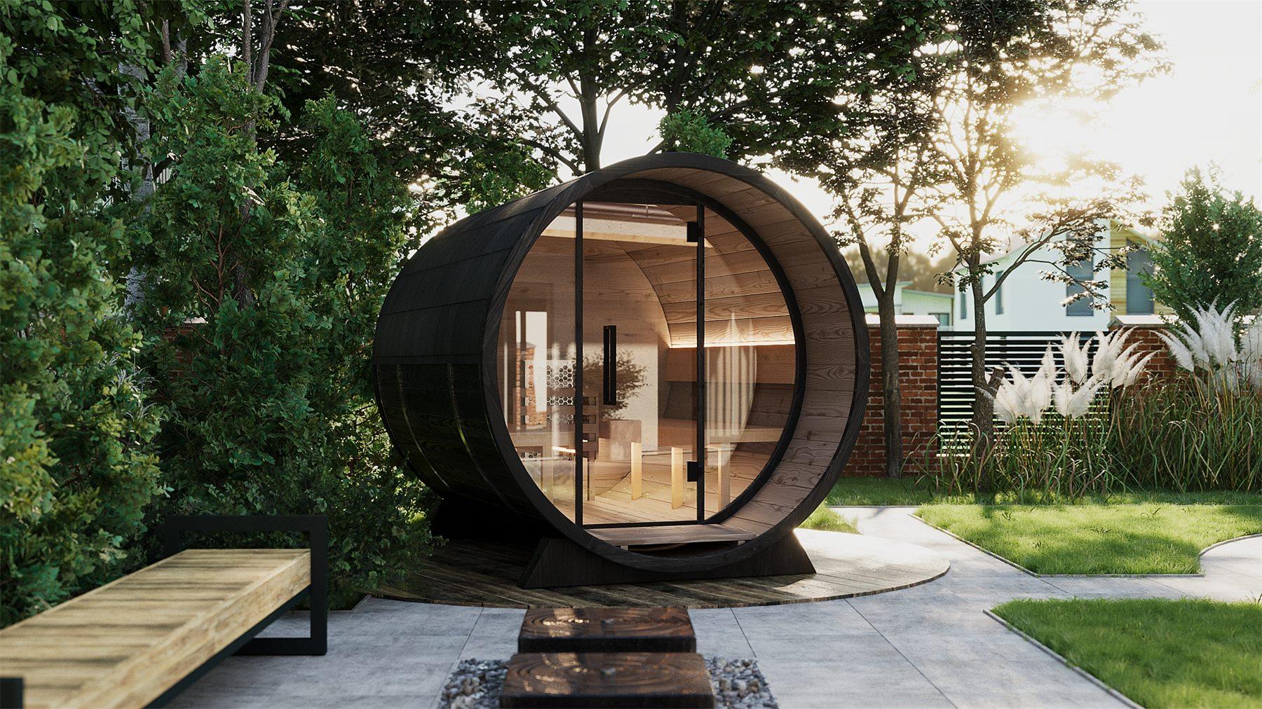 Medium ThermoWood barrel sauna in garden setting