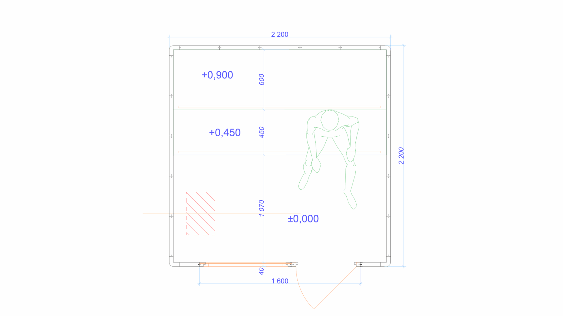 Dimensions plan: Outdoor Sauna Cube Medium 2200×2200 mm, capacity 3–5 people