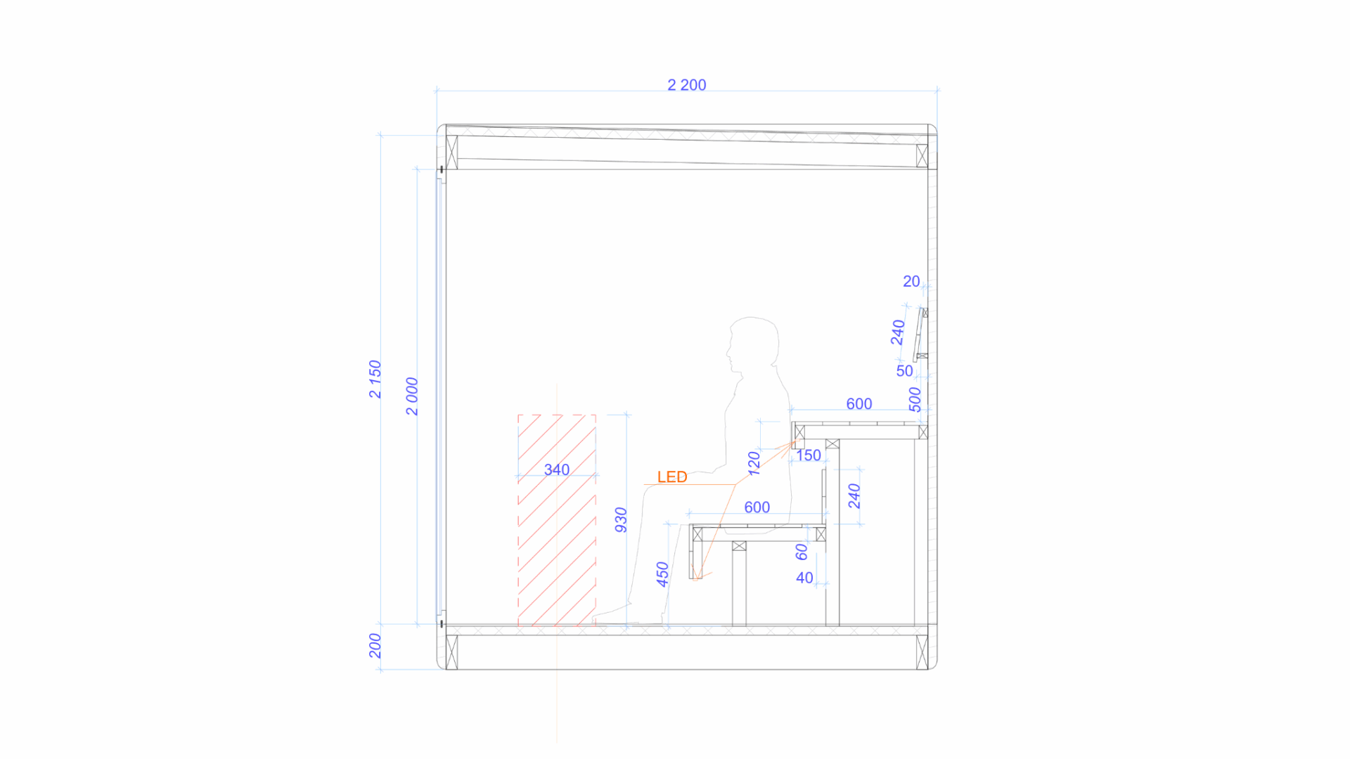 Elevation drawing of Outdoor Sauna Cube Medium