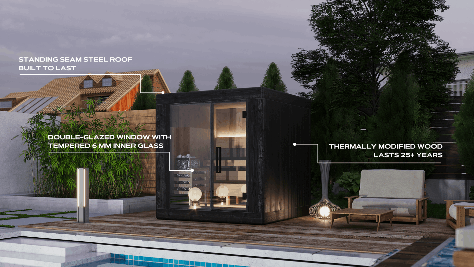 Outdoor Sauna Cube Medium – front view with panoramic window