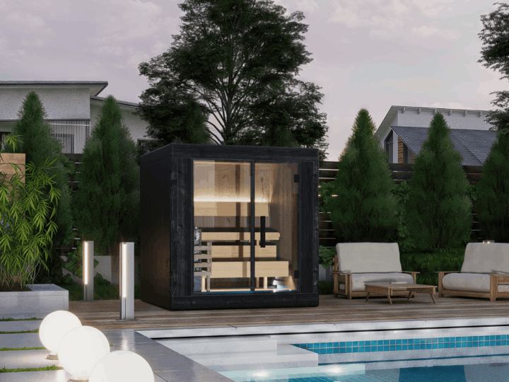 Outdoor Sauna Cube Medium with ThermoWood exterior in a garden