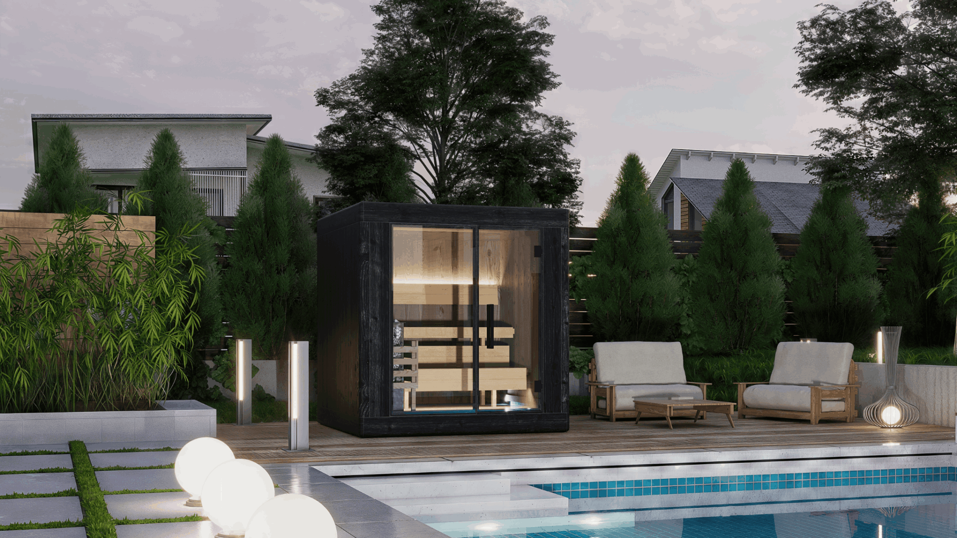 Outdoor Sauna Cube Medium with ThermoWood exterior in a garden