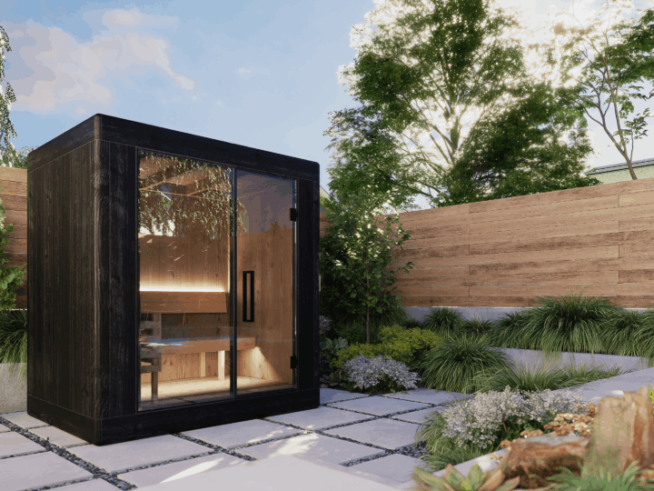 Outdoor Sauna Cube Small with ThermoWood cladding in a backyard garden
