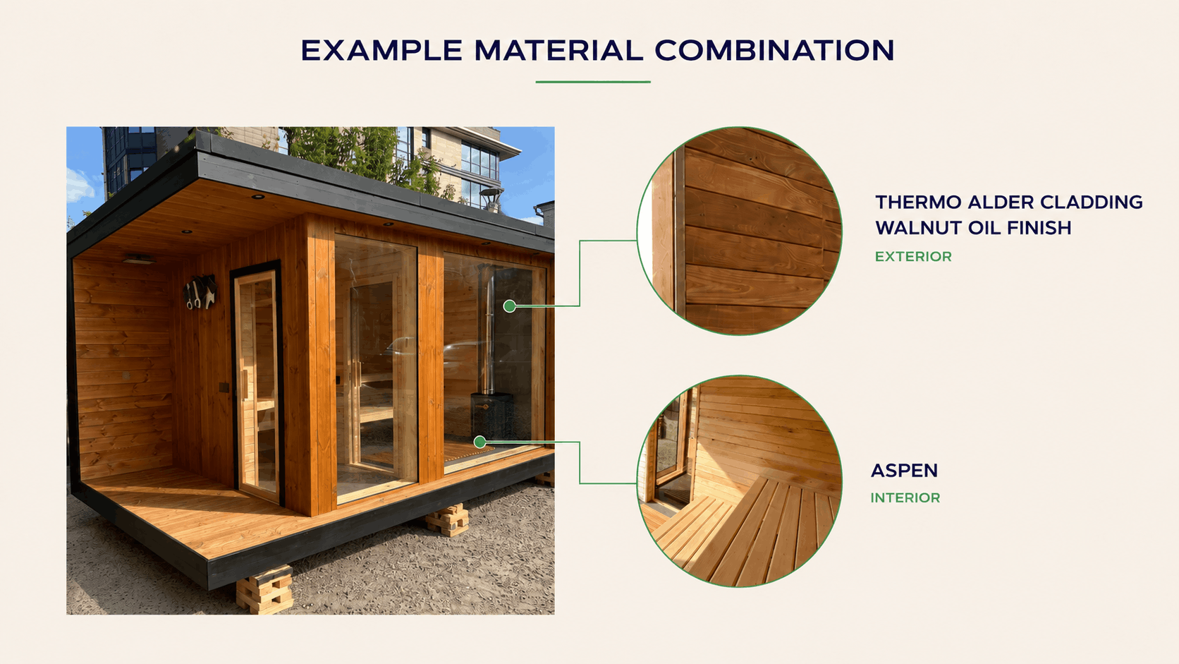 Sauna exterior: thermo alder with walnut oil finish, aspen interior