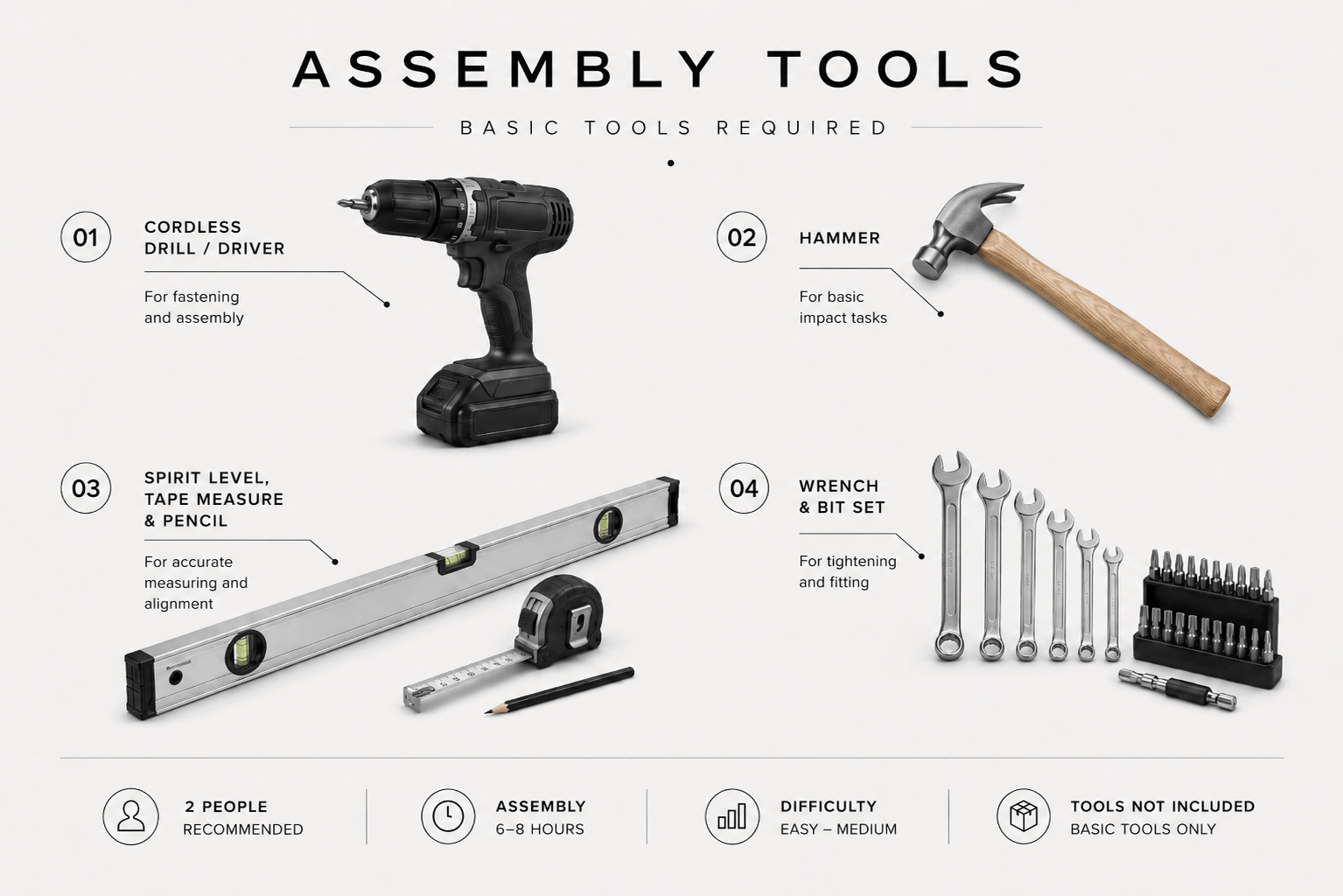 Tools required to assemble the Outdoor Sauna Cube flat-pack kit