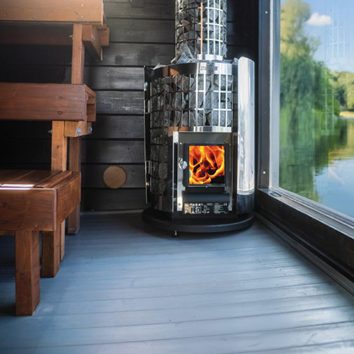Harvia WL120 Sauna Heater Protective Bedding, Round, Black, in Use