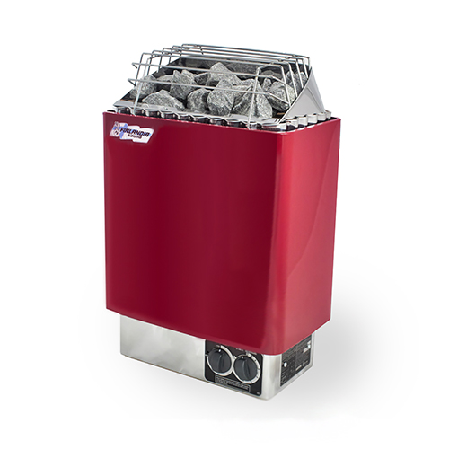 Finlandia FLB electric sauna heater in red enamel with built-in timer and thermostat dials