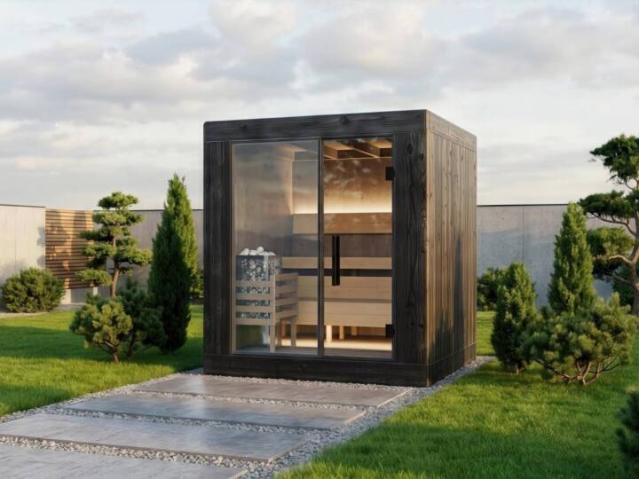 Black thermowood cube sauna with glass door in a landscaped garden