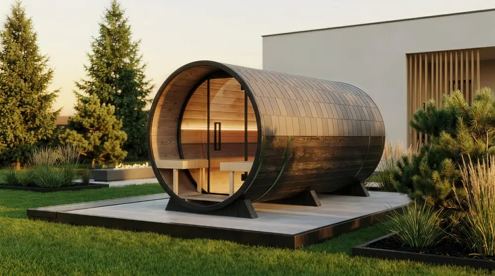 Eco Hearth barrel sauna in a landscaped backyard at dusk