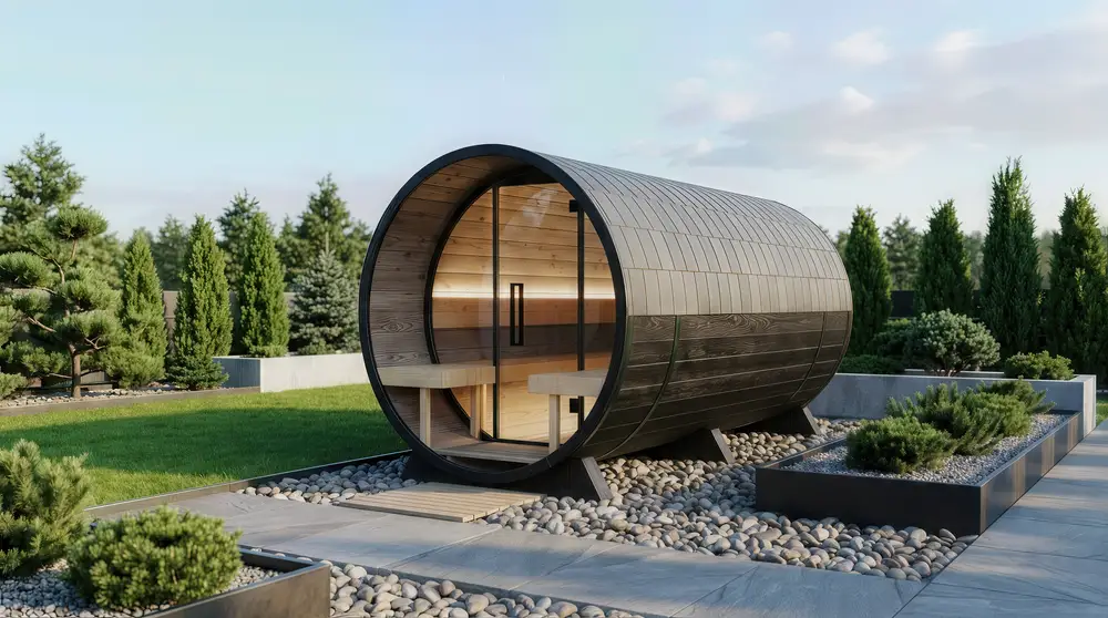 Barrel sauna at dusk