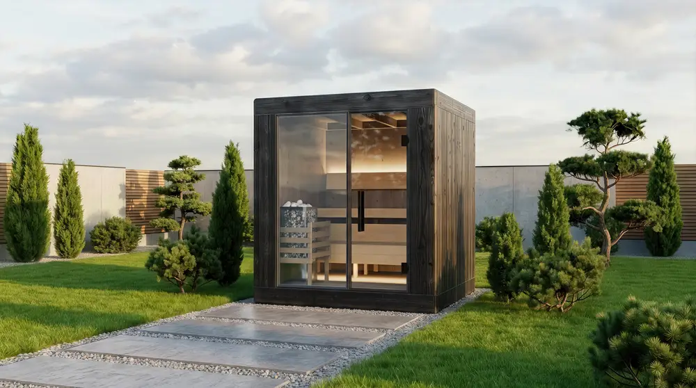 Cube sauna in a garden