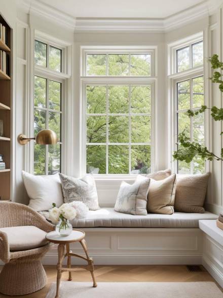 Bay aluminium windows with a white grid frame design, creating a bright and elegant reading nook with garden views.