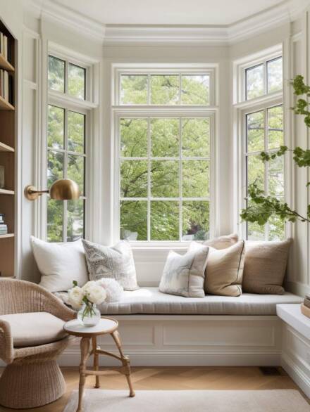 Bay aluminium windows with a white grid frame design, creating a bright and elegant reading nook with garden views.