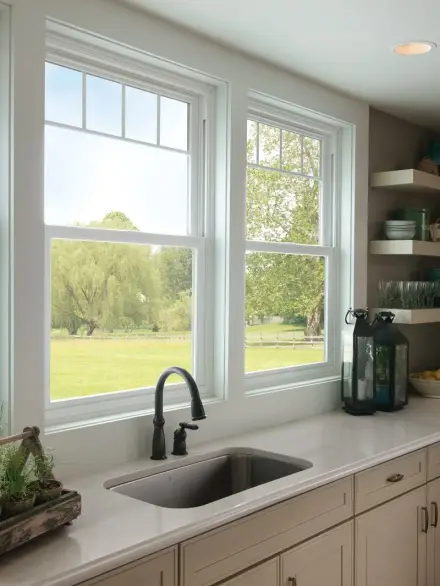 Casement aluminium windows above a modern kitchen sink with views of a peaceful green landscape.